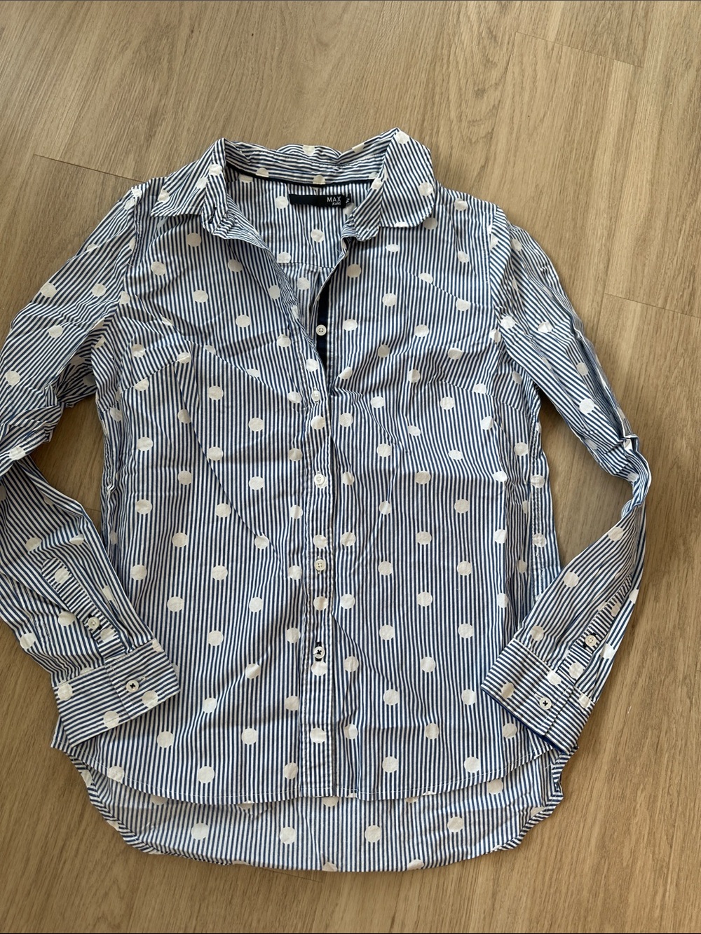 Max Jeans Blue and White Striped Polka Dot Button-Up Shirt
